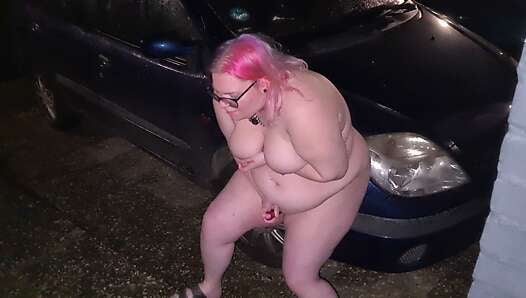 She lost a bet. Masturbating naked in the front yard.